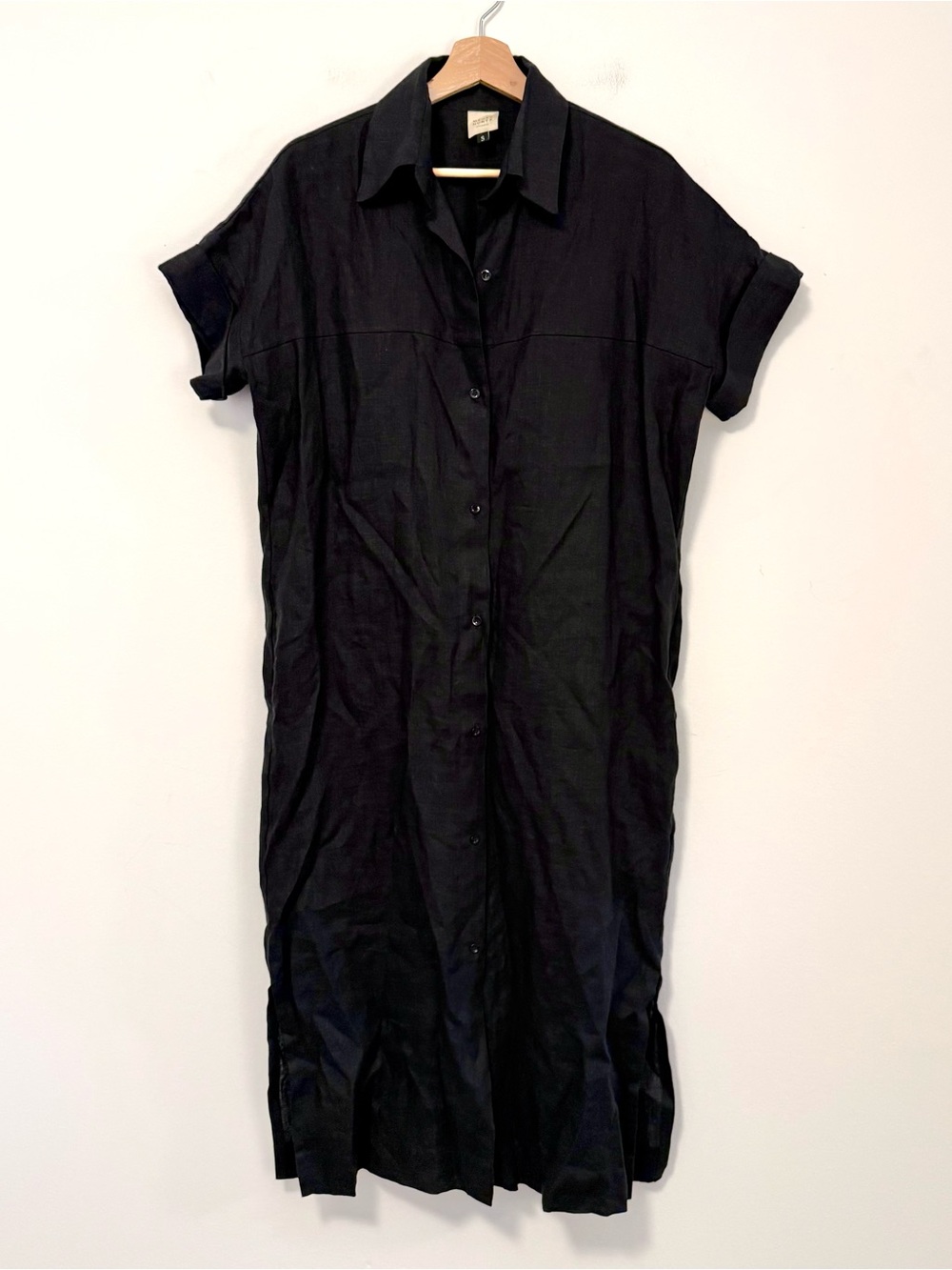 Megan Huntz Atlanta Black Linen Shirt Dress Womens S Button Front Midi Oversized